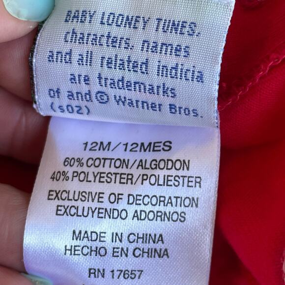 Vintage Baby Looney Tunes Baby Girls Shirt 12M Red Long Sleeve Tweety Bird READ - Picture 7 of 9